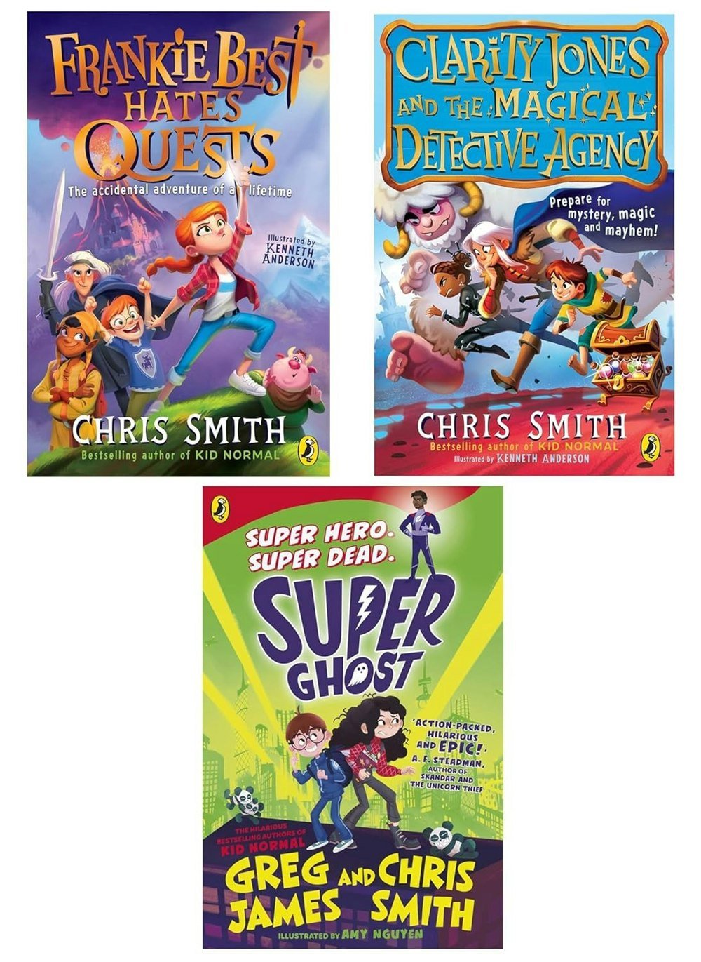 Chris Smith & Greg James 3 Book Set Frankie Best Hates Quests, Clarity Jones and the Magical Detective Agency, Super Ghost