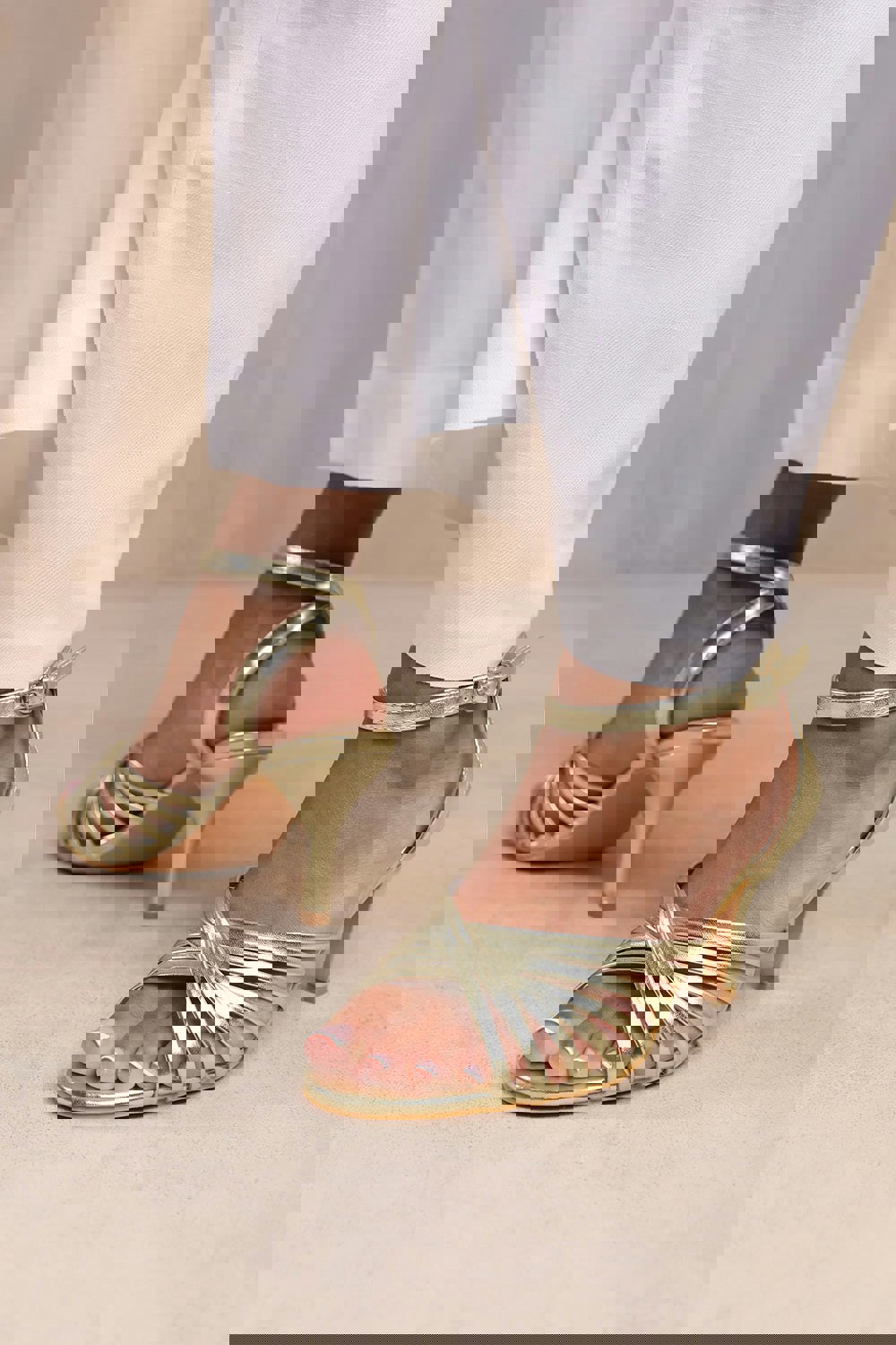 Where's That From Cyprus Wide Fit Multi Cross Over Strap Mid Heels in Gold Faux Leather