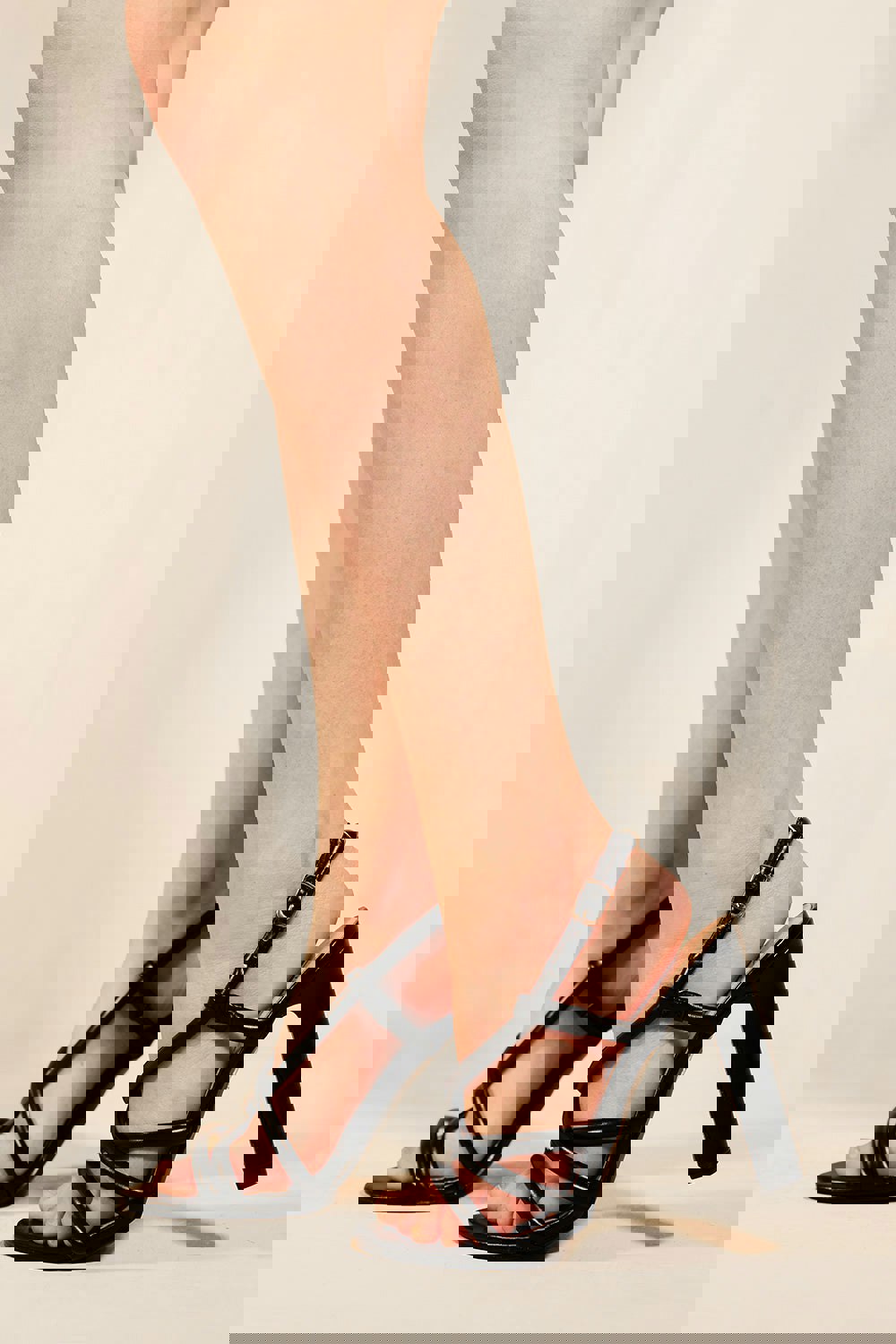 Where's That From Iesha Block High Heel Sandals With Cross Over Strap in Black Faux Leather