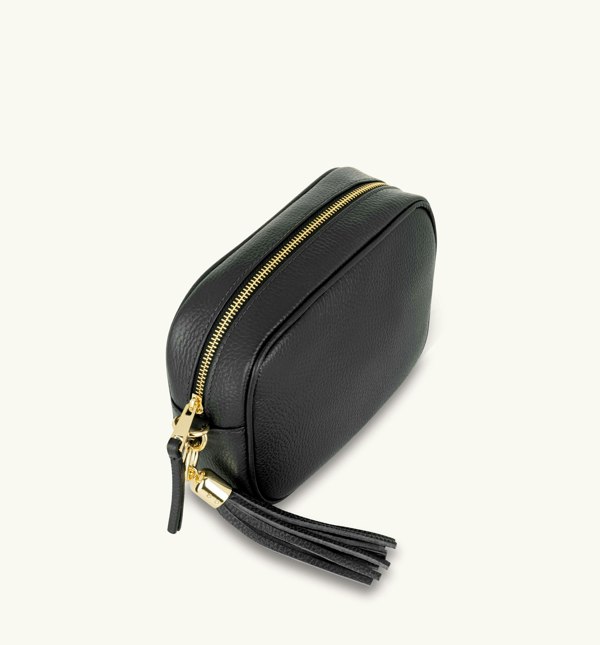 The Tassel Black Leather Crossbody Bag With Cappuccino Dots Strap