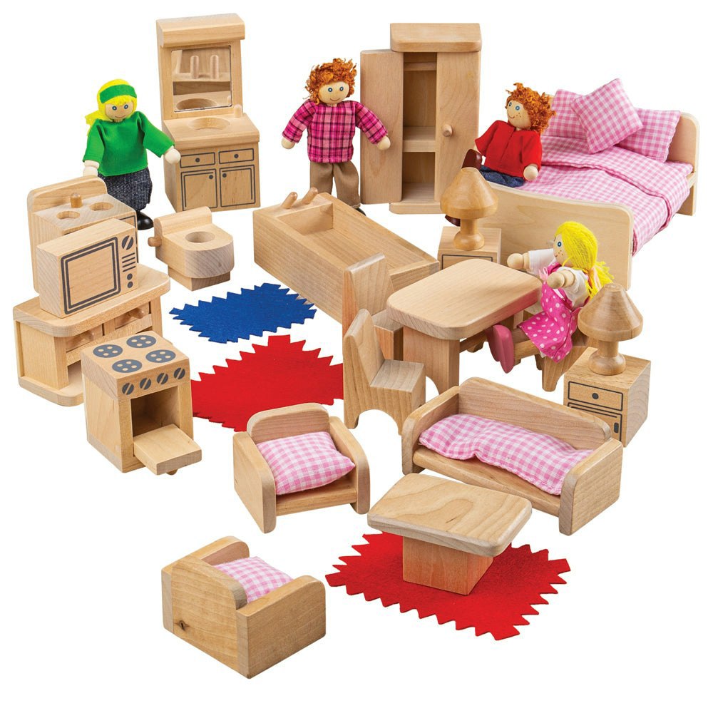 Bigjigs Toys Wooden Dolls House Furniture Set & 4 Person Family