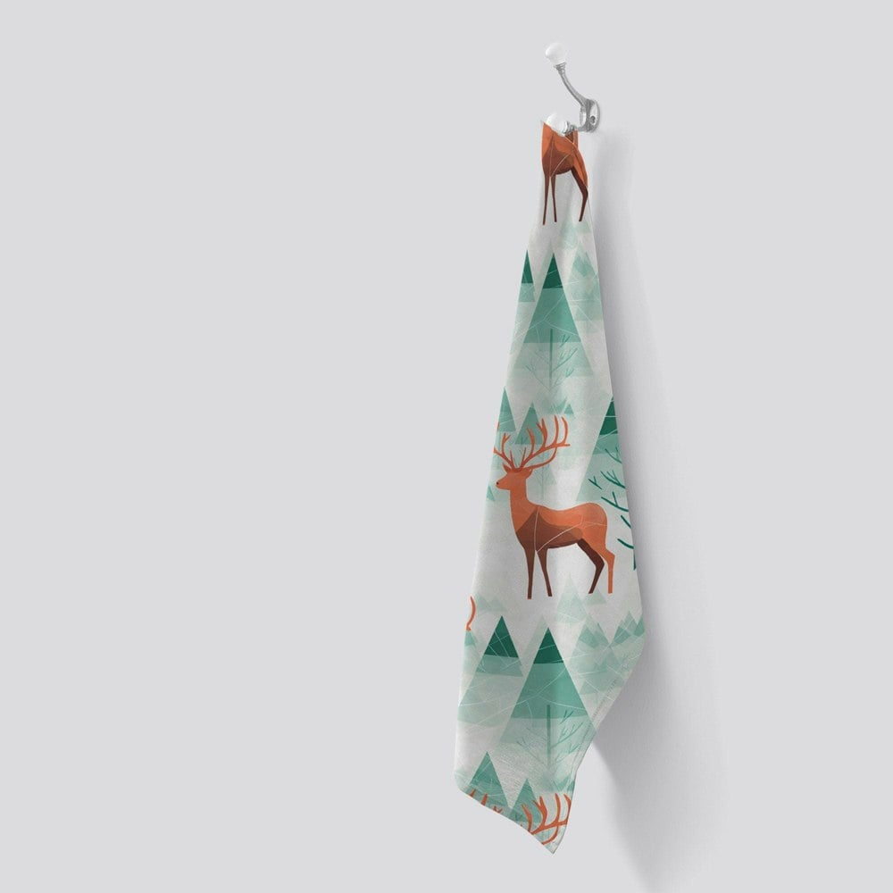 Warren Reed Reindeer On A Snowy Landscape Tea Towel
