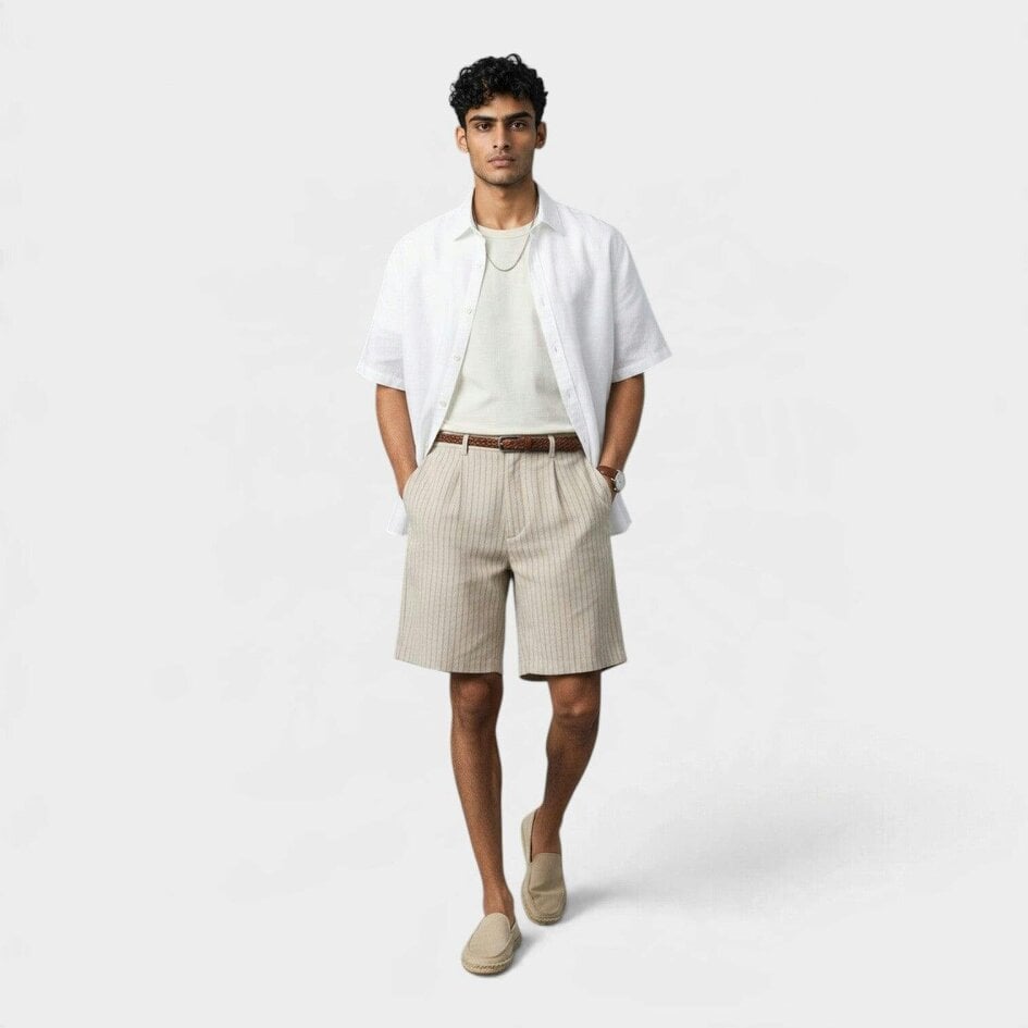 Aimé Leon Dore Double Pleated Linen Short Sand Stripe