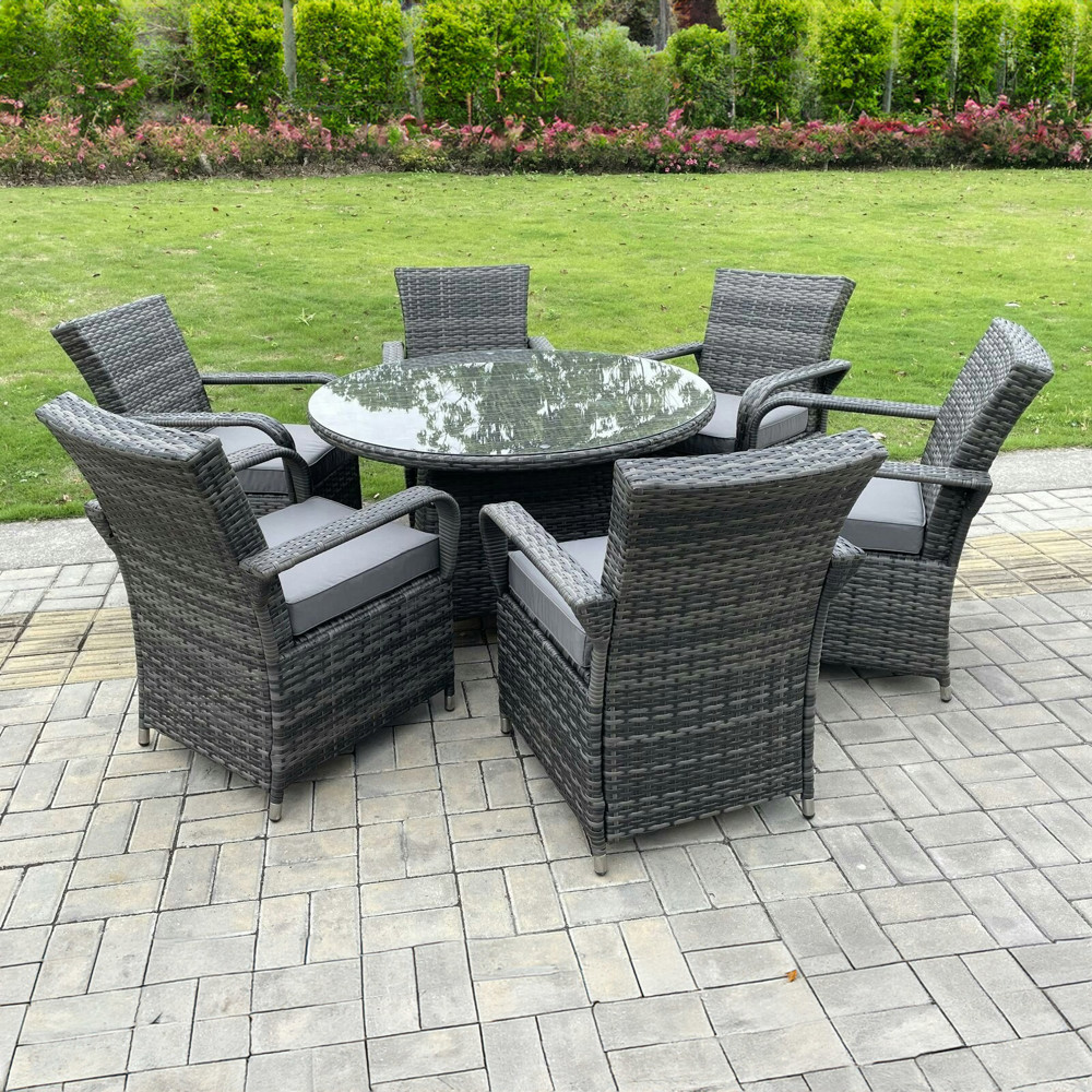 Fimous Outdoor Rattan 6 Seater Garden Furniture Dining Set with Round Glass Table & 6 Chairs