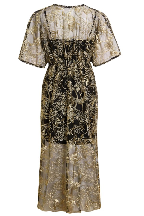 a Sarvin Embroidered Flutter Sleeve Dress.