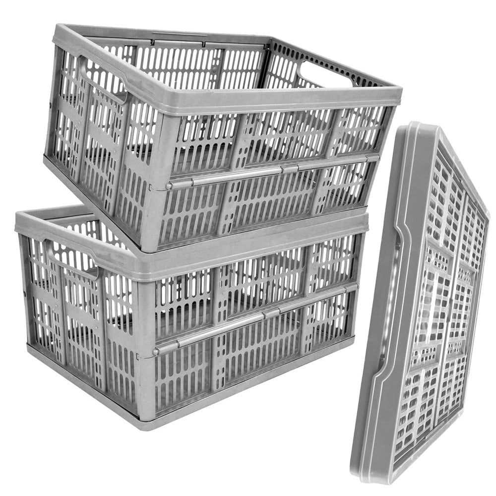 Grey 32L Plastic Folding Crate Boxes With Handles Collapsible, Foldable & Stackable