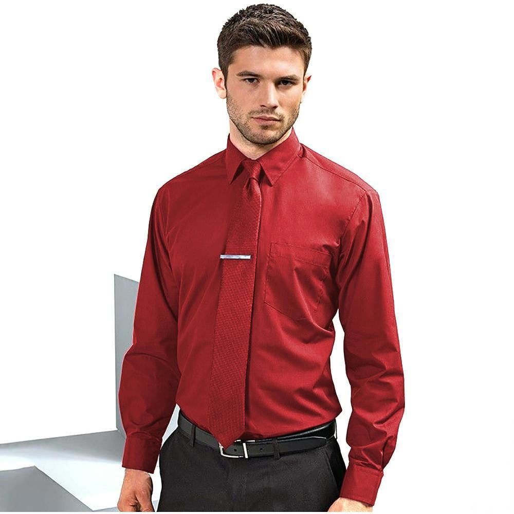 Premier Mens Premier Poplin Long-Sleeved Formal Shirt - Red