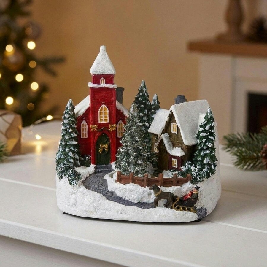 Garden Greatness LED Light Up Church With Rotating Tree