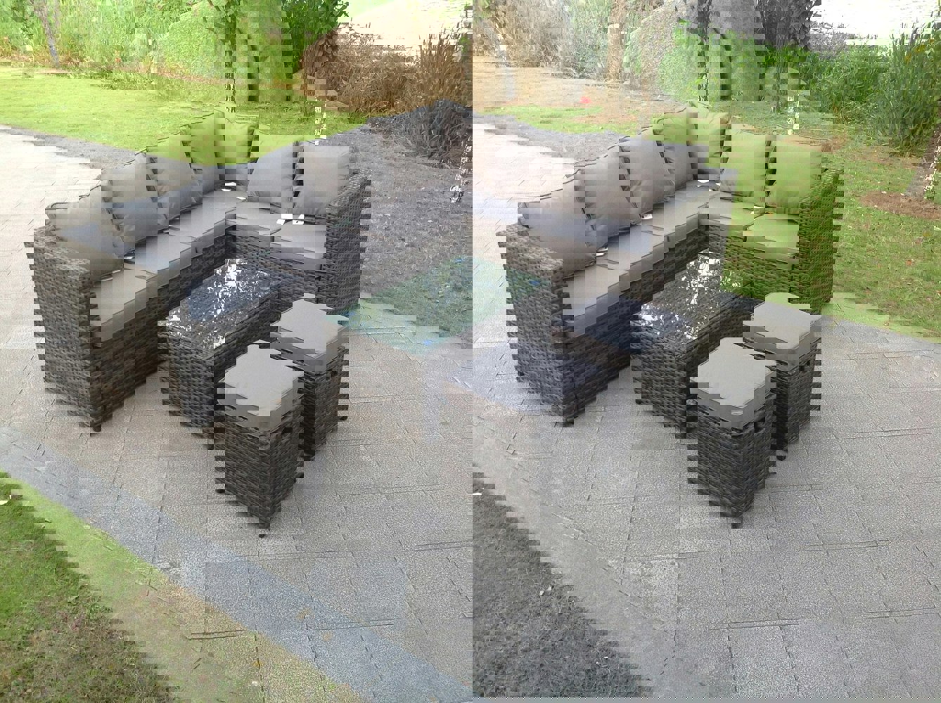 Fimous 8 Seater Rattan Corner Sofa Lounge Sofa Set With Rectangular Coffee Table 2 Stool And Chair Right Hand