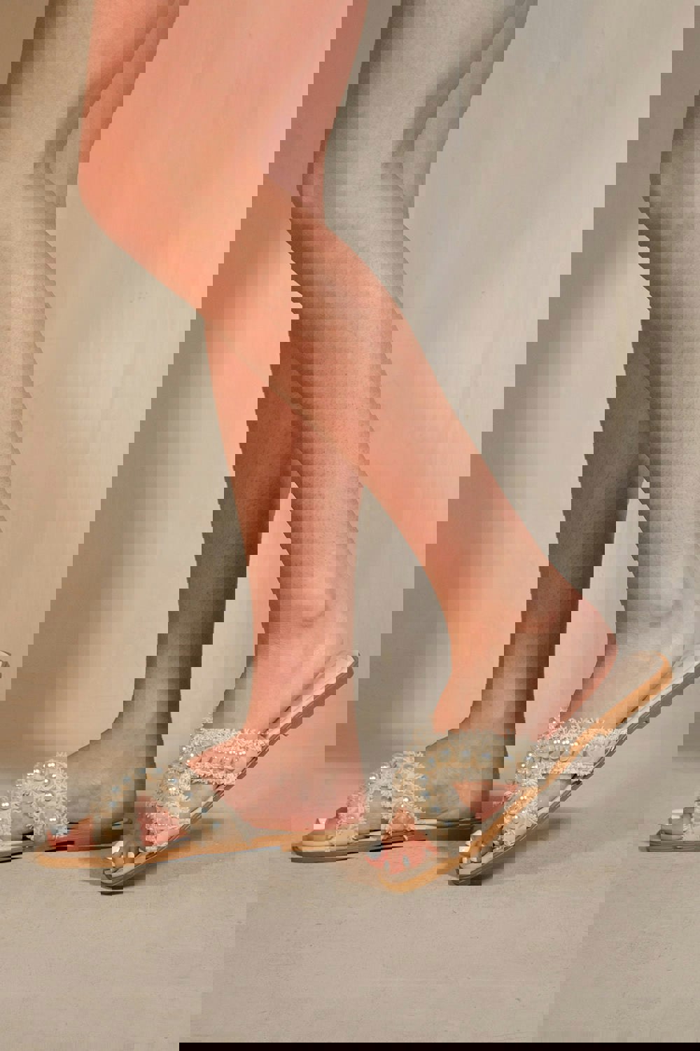 Where's That From Vivienne Fringe Trim Slider Sandal With Pearl Detail in Nude Faux Leather