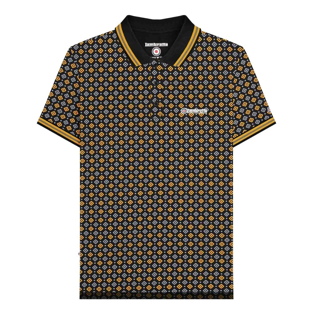 Lambretta Mens SS25 Geometric Polo Shirt - Black/Gold
