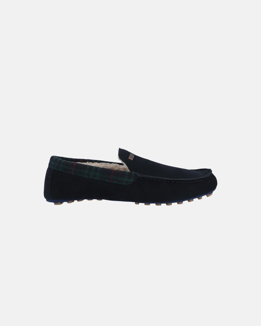 Hunter Mens Moccasin Slipper Tartan Collar - Navy