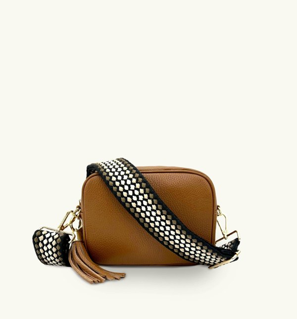 Apatchy Tan Leather Crossbody Bag With Cappuccino Dots Strap