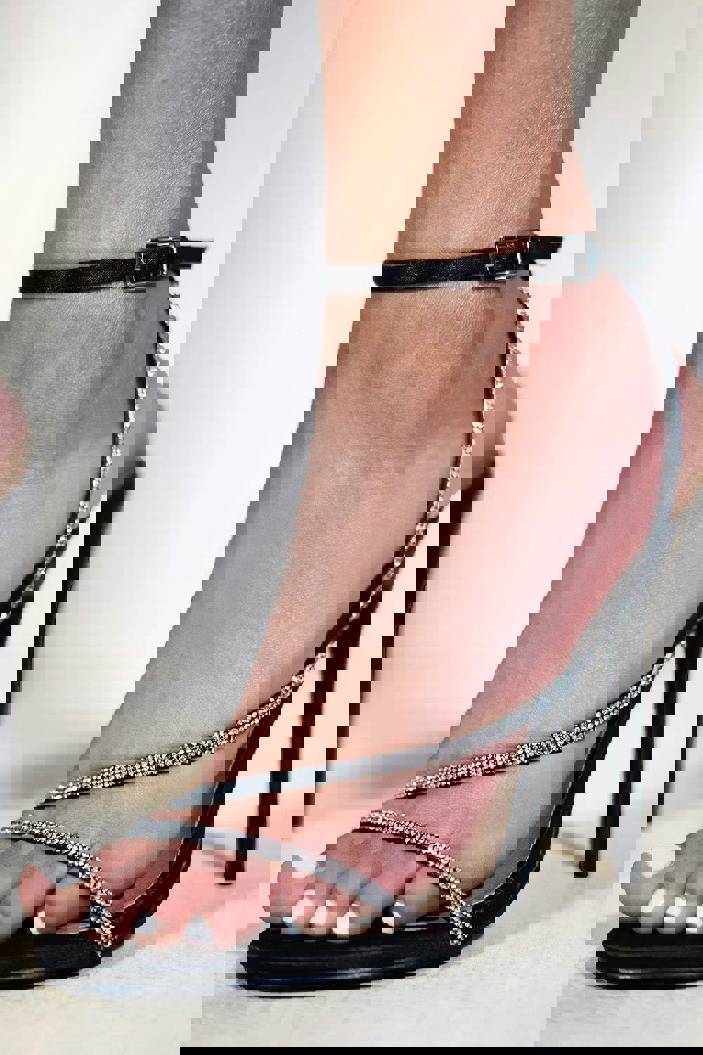 Where's That From Stiletto High Heel With Diamante Detailed Strap in Black Silk