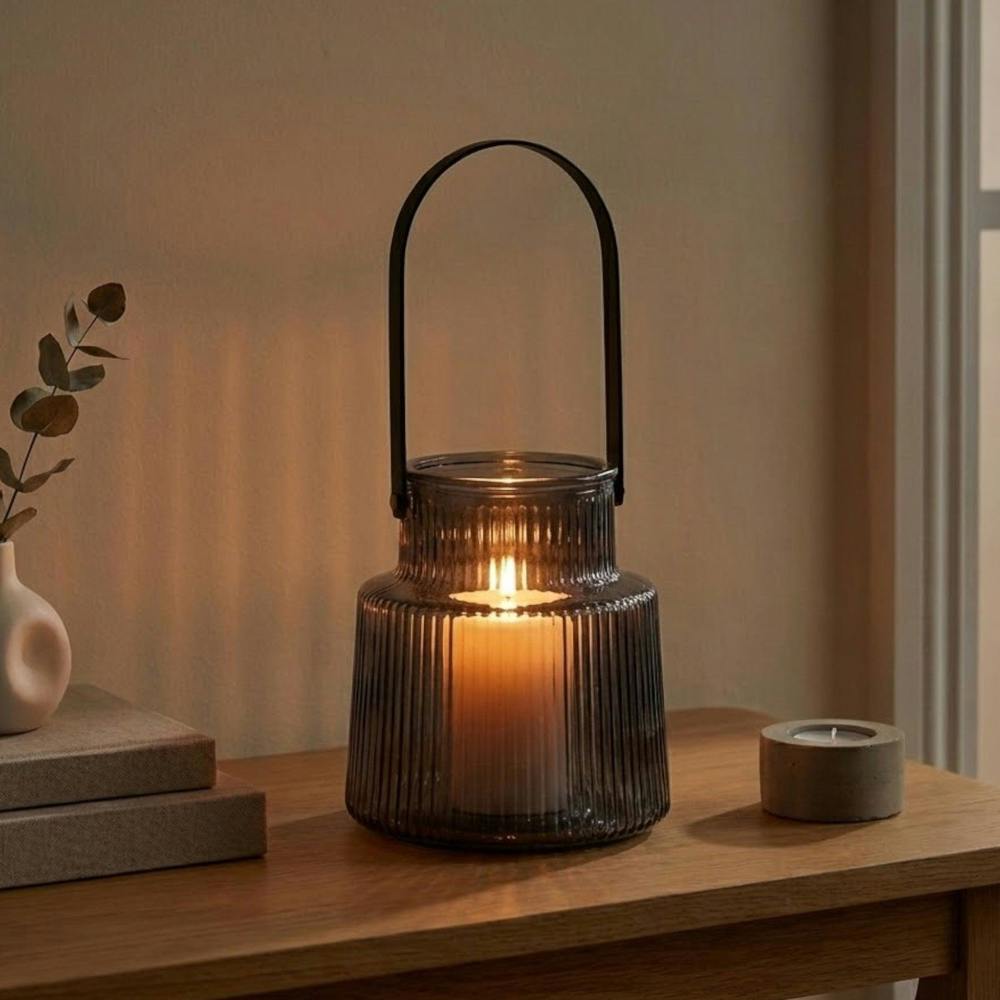 Garden Greatness Contemporary Grey Ribbed Glass Lantern
