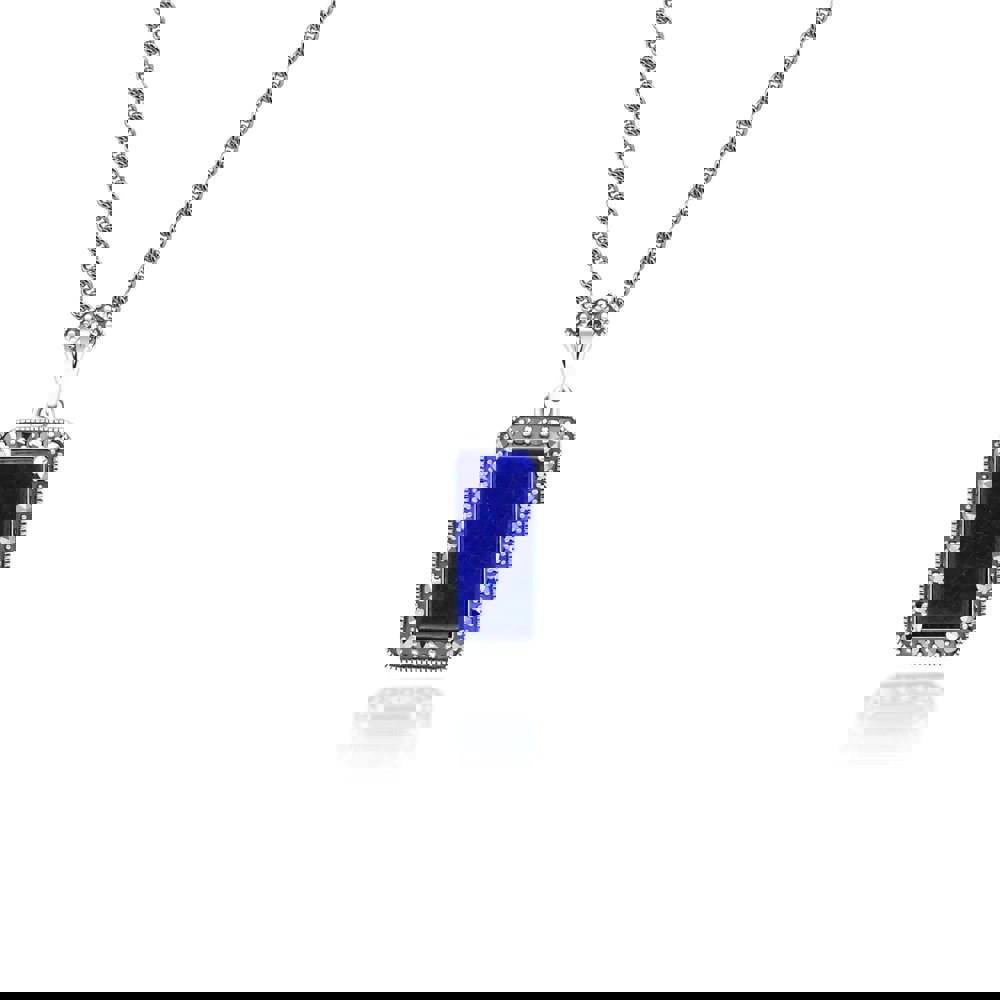 Art Deco Style Octagon Lapis Lazuli and Marcasite Pendant Necklace in Sterling Silver 214P334202925 