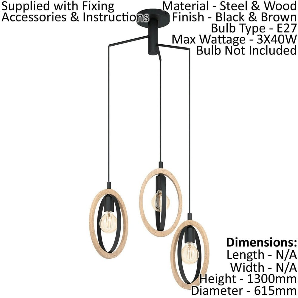 Hanging Ceiling Pendant Light Black & Wood Hoop Shade 3x 40W E27 Bulb Loops