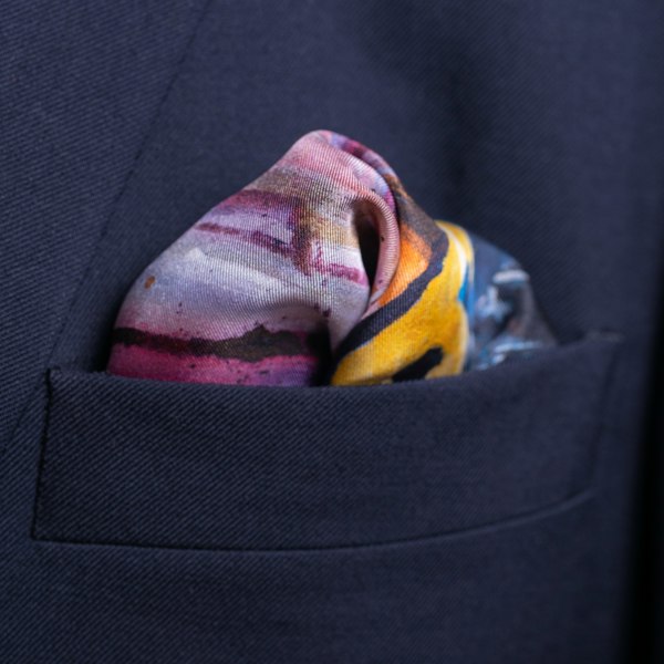 Horse racing silk pocket square in brown, green and purple by Otway & Orford folded 2