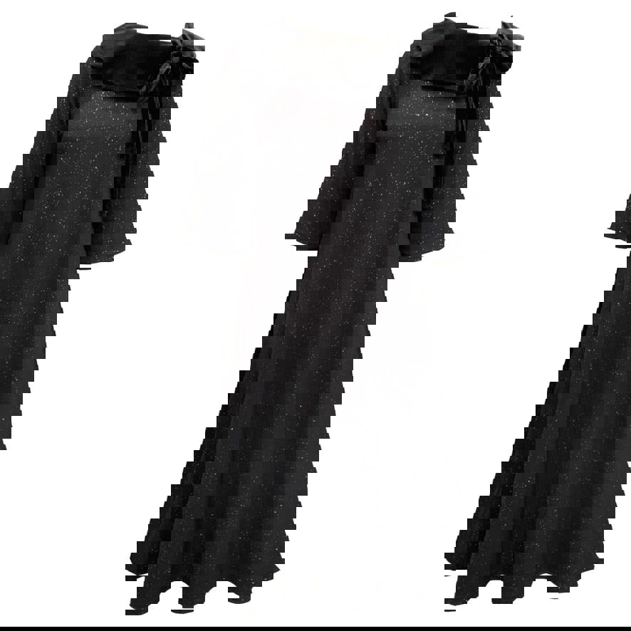 This is a midi length dress with flared sleeves and skirt. The main body of the dress is black with silver sparkles, and a contrasting black velour collar lays across the shoulders, tying into a bow on one side.