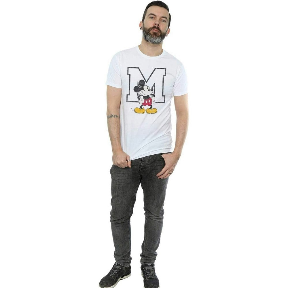 Disney Mens Classic M Mickey Mouse Cotton T-Shirt - White