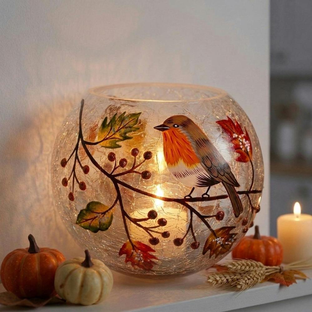 Garden Greatness Autumn Robin Glass Votive Candle Holder