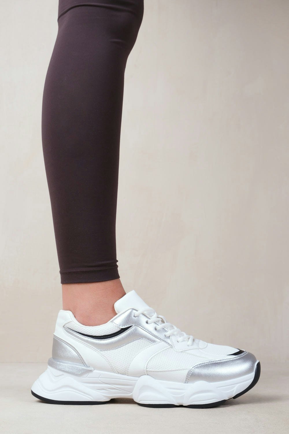 Where's That From Hoops Chunky Sole With Mesh Detail Trainer in White/silver