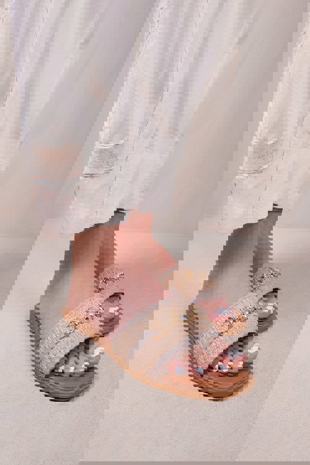 Where's That From Harmony Pu Straw Detail Strap Sandals in Nude Faux Leather