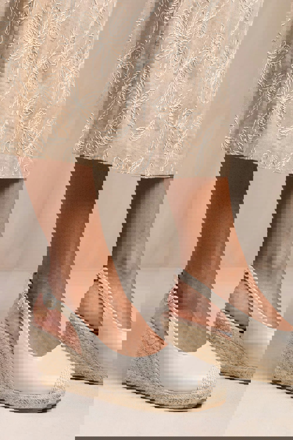 Where's That From Nevada Slingback With Diamante Flower Buckle Espadrille Wedges in Nude Faux Leather