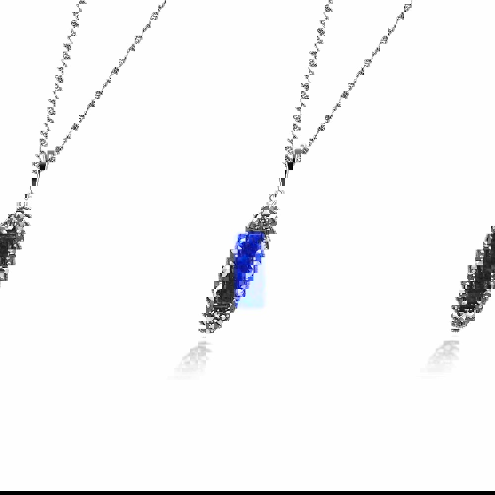 Art Deco Style Oval Lapis Lazuli, Marcasite and Black Enamel Pendant Necklace in Sterling Silver 214P334401925 
