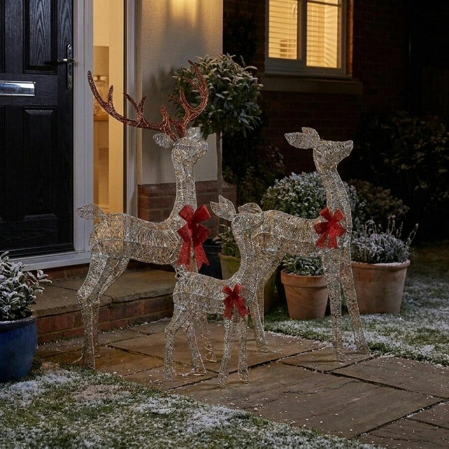 Garden Greatness Set of 3 Lit Silver Fabric Reindeer Family
