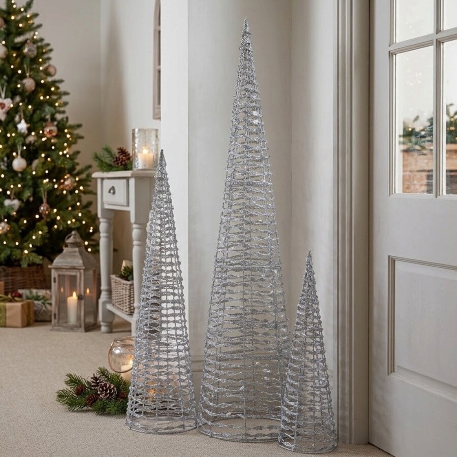 Garden Greatness GlitterTwist Silver LED Light Tree Set of 3