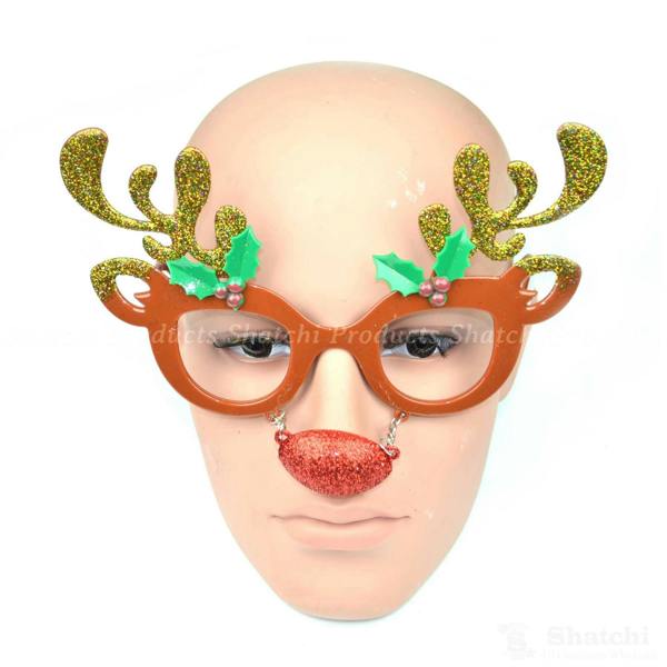 Brown Reindeer Nose Christmas Party Glasses with Glitter Plastic Costume Props image 1