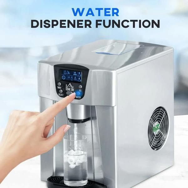 Silver ice maker with LCD control panel and hand pressing water dispenser