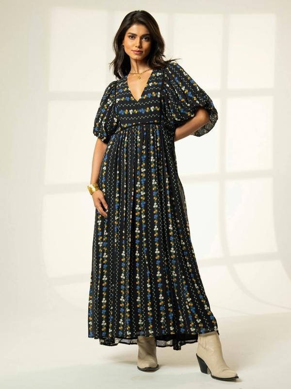 Rose & Nancy Kiri Black Floral Printed Maxi Dress