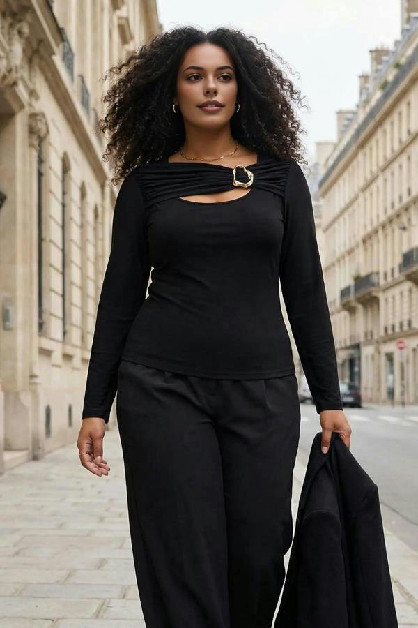 WOVCOR Body-Fitting Stretch Knit Blouse with Accessory and Cut Out Details
