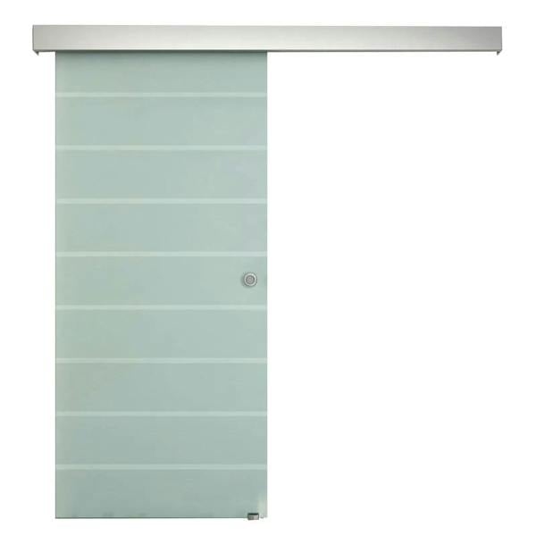90cm frosted tempered glass sliding door with stripe pattern and round handle