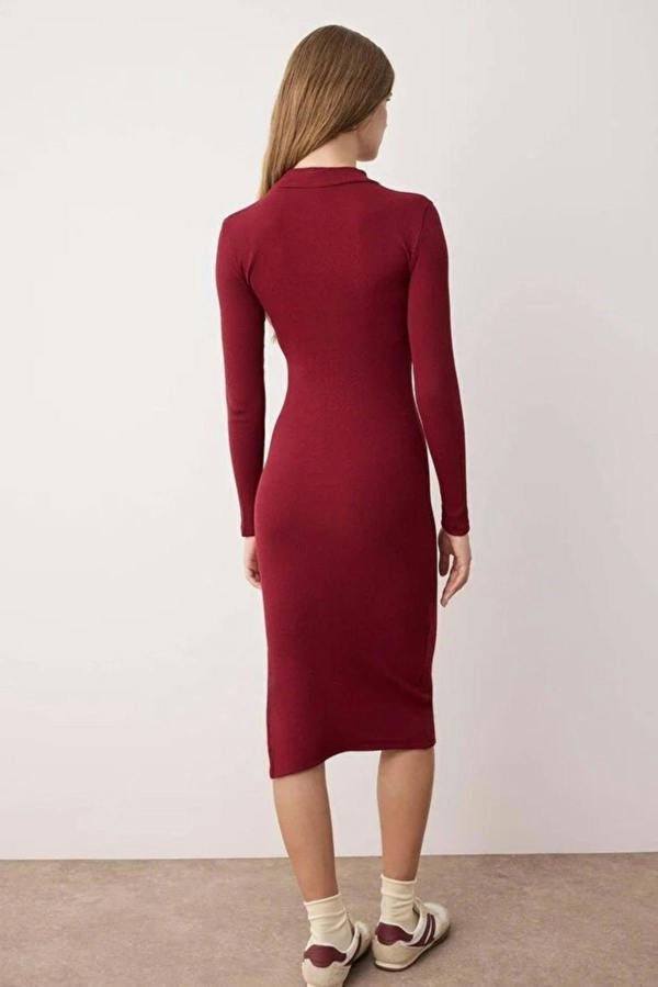 WOVCOR Crew Neck Midi Ribbed Stretch Knit Pencil Dress with Slit