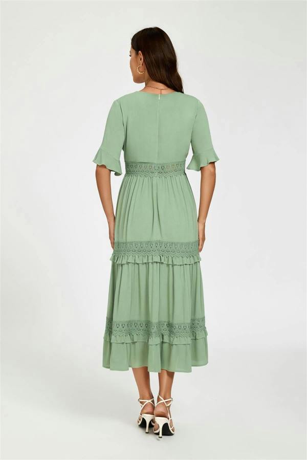 FS Collection V Neck Lace Detail Midi Dress In Green