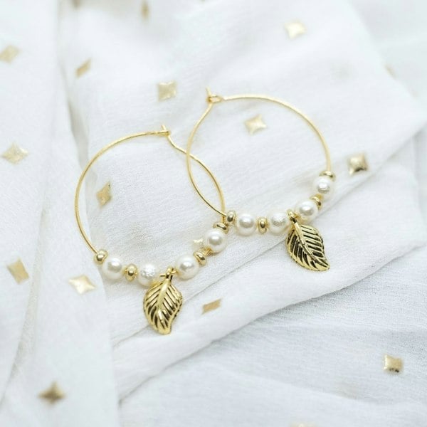 The Colourful Aura Gold Plated 30mm White Beaded Dangle Leaf Charm Huggie DaintyHoop Earring