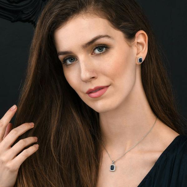 namana 925 Sterling Silver Emerald Cut Blue Halo Pendant Necklace For Women
