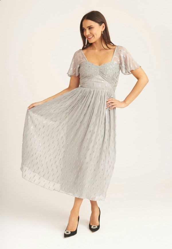 Gini London Silver Jacquard Metallic Angel Sleeves Midi Dress