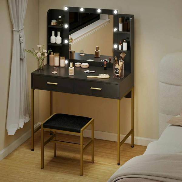 Black dressing table with lit mirror, side shelves, and two drawers; matching stool included