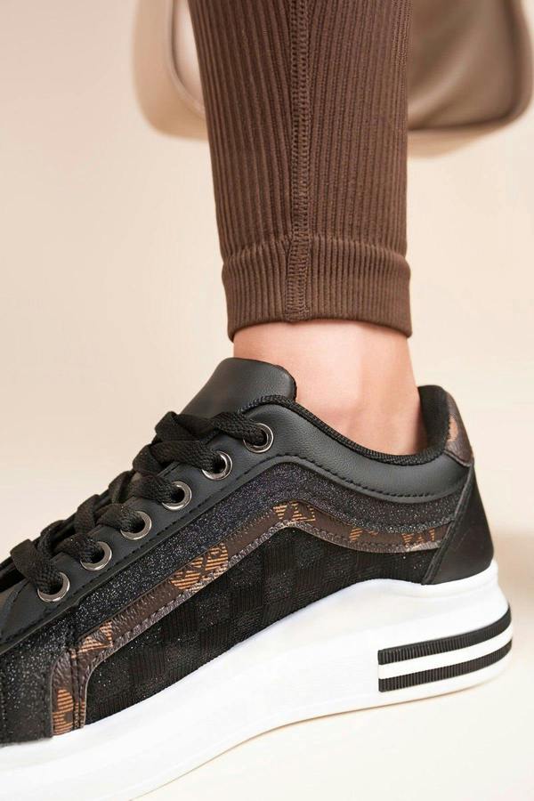 Zerina Lace Up Chunky Trainers With Print Detail - Black