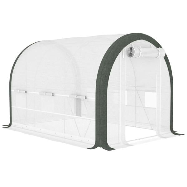 White walk-in tunnel greenhouse with translucent cover and dark green arched frame