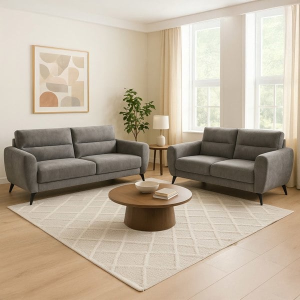 Furnishings For Less Leo Grey Seoul Battleshop Fabric 3 + 2 Sofa Suite