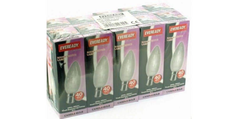 Eveready 10 x Eveready 40W SBC B15 Opal Candle Light Bulbs