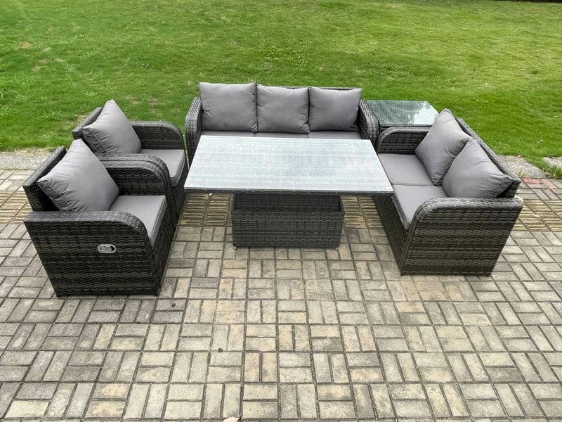 Fimous Dark Grey Mixed PE Rattan Outdoor Dining Set - Height Adjustable Lifting Table, Reclining Chair & Side Table