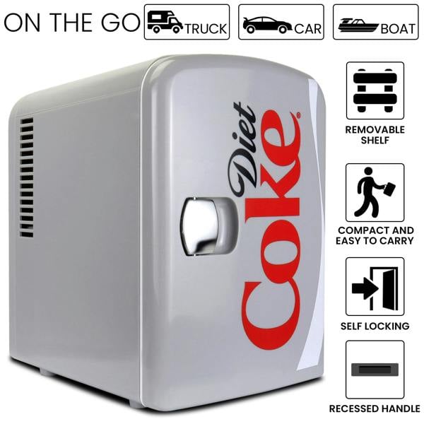 Coca-Cola Diet Coke 4L Mini Fridge Grey 6 Can Portable Cooler & Warmer for Desk, Bedroom or Car (12V)