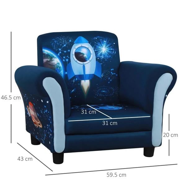 Blue kids armchair with armrests and rocket graphic back, padded seat, black feet
