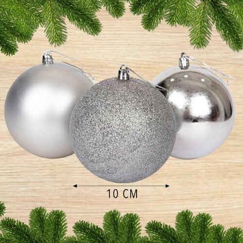 Shatchi Silver Shatterproof Christmas Baubles, Pack Size Options of 3 or 6, 10cm Tree Decorations